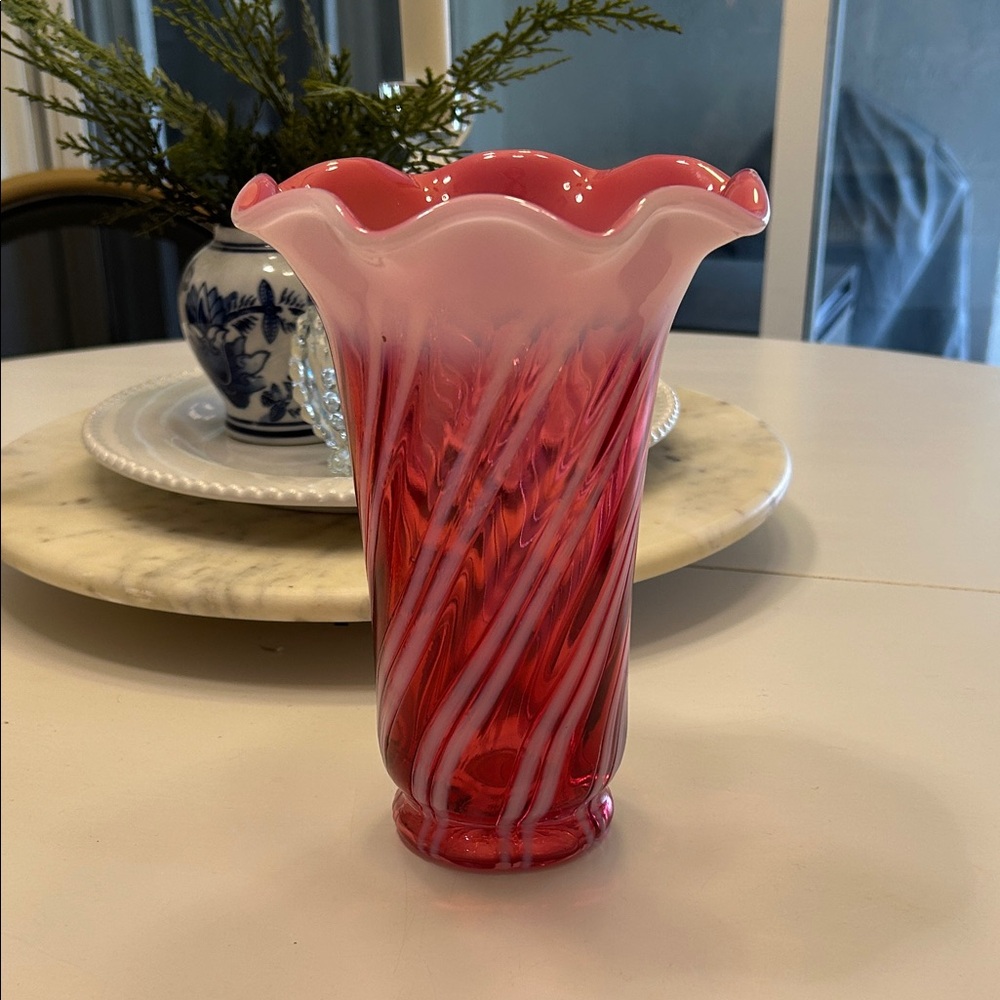 Fenton Cranberry Opalescent Spiral Rib Optic Vase